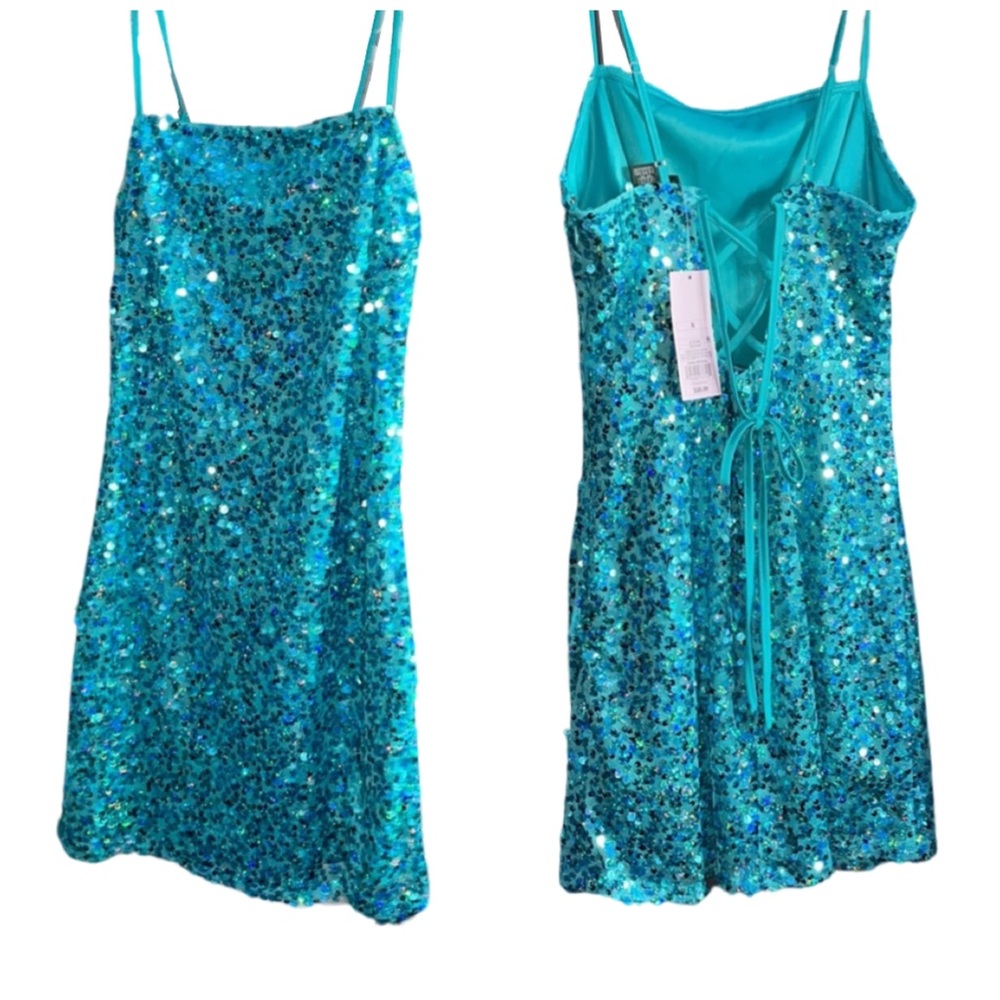 Teal sparkly sequin mini dress
